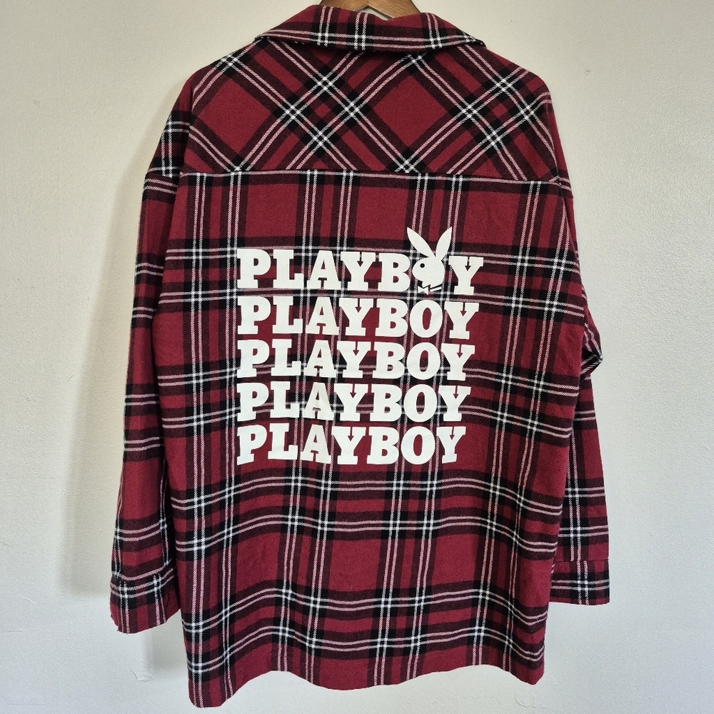 Playboy Red Plaid Flannel Button Up Shirt Flap Pockets Playboy Graphic Medium